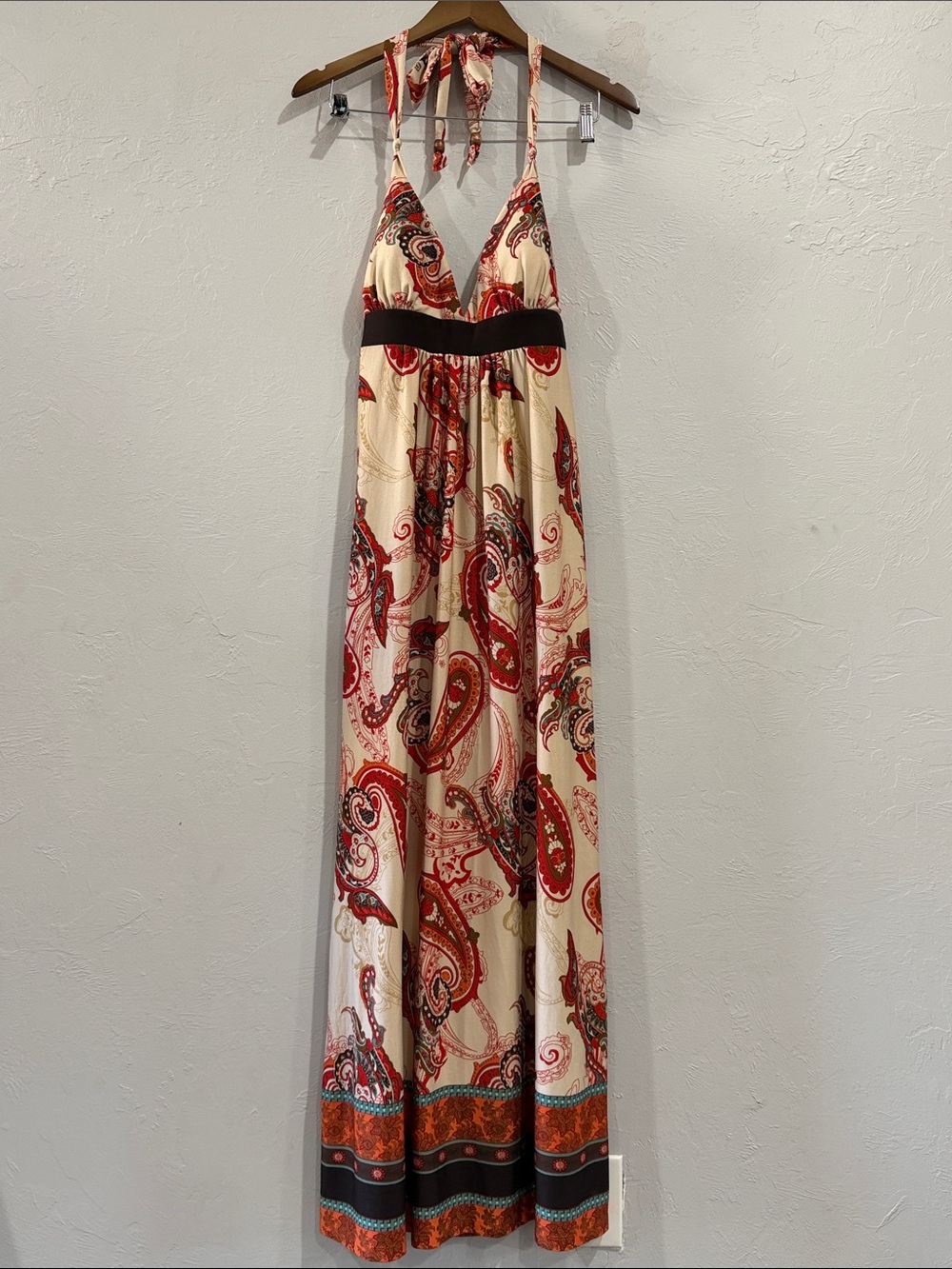 Alyn Paige Cream Halter Maxi Dress with Red Paisley